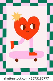 Hand drawn simple groovy illustration with playful frame and heart character on skateboard. Cute cutout style Valentine's Day vector card