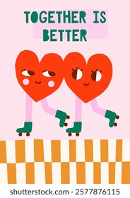 Hand drawn simple groovy illustration with couple of heart character on rollers. Cute cutout style Valentine's Day vector card