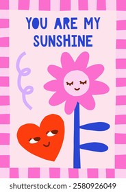 Hand drawn simple groovy illustration in playful frame with heart and flower characters. Cute cutout style Valentine's Day vector card