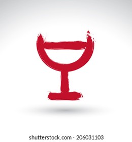 Hand drawn simple half full wineglass, brush drawing goblet icon, hand-painted glass of red wine isolated on white background. 