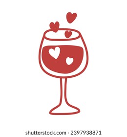 Hand drawn simple icon glass of wine with hearts. Design element for Valentines Day, wedding, Mother's Day, greeting cards. Vector illustration in doodle style