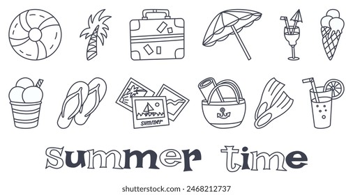 Hand drawn simple icons on theme of summer. Summer time