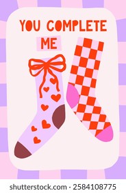 Hand drawn simple illustration of bright socks checkered and hearts in playful frame. Cute cutout style Valentine's Day vector card