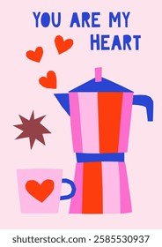 Hand drawn simple illustration of coffee pot and mug with hearts and star. Cute cutout style Valentine's Day vector card