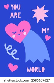 Hand drawn simple illustration of comet character with abstract shapes. Cute cutout style Valentine's Day vector card