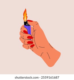 Hand drawn simple illustration of female hand holding cigarette lighter with fire. Concept of smoking, setting something on fire. Vector flat illustration