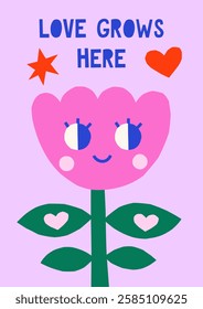 Hand drawn simple illustration of groovy flower character with heart and star. Cute cutout style Valentine's Day vector card