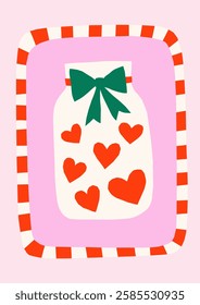 Hand drawn simple illustration of jar with hearts in playful frame. Cute cutout style Valentine's Day vector card