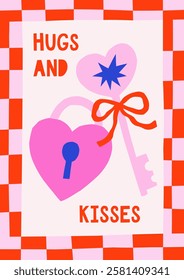 Hand drawn simple illustration of lock and key with bow in playful frame. Cute cutout style Valentine's Day vector card