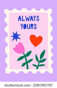 Hand drawn simple illustration of postage stump with flowers, heart, star. Cute cutout style Valentine's Day vector card