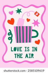 Hand drawn simple illustration of tea mug with abstract shapes in whimsical frame. Cute cutout style Valentine's Day vector card