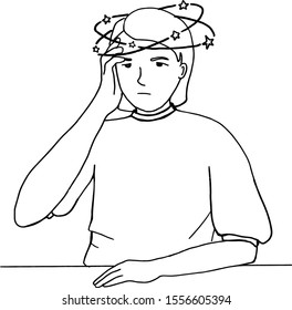 Hand drawn simple Illustration of a young girl with headache and dizziness