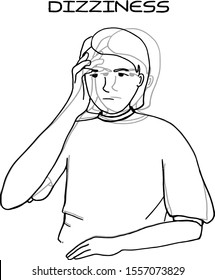 Hand drawn simple Illustration of a young girl with headache and dizziness