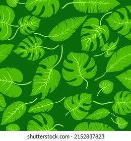 Hand drawn simple leaf brunch monstera and palm leaves. Seamless vector cartoon green tropic leaves jungle plant pattern in layers with shadows. Wallpaper, wrapping, and background.