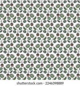 Hand drawn simple leaf brunch monstera and palm leaves. Seamless vector cartoon green tropic leaves jungle plant pattern in layers with shadows. Wallpaper, wrapping, and background.