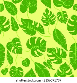 Huella de hojas simples a mano monstera y hojas de palma. Caricatura vectorial sin foco amarillo positivo verano trópico hojas patrón de planta de selva en capas con sombras. Papel de escritorio, envoltura y fondo.