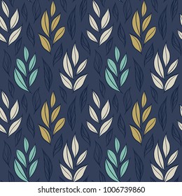 Hand drawn simple leaves, botanical pattern. Seamless vector multicolor floral pattern. Vector background.