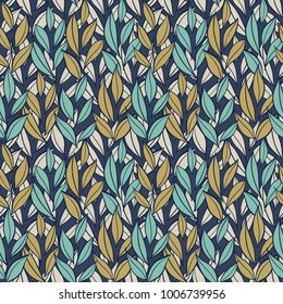 Hand drawn simple leaves, botanical pattern. Seamless vector multicolor floral pattern. Vector background.