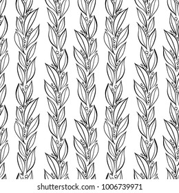 Hand drawn simple leaves, botanical pattern. Seamless vector linear floral pattern. Vector monochrome background.