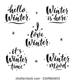 Hand drawn simple lettering set with winter phrases for greeting card, print, decor, poster, banner, sticker. Inspiration handwritten calligraphy. Photo overlay Winter Holidays vector.