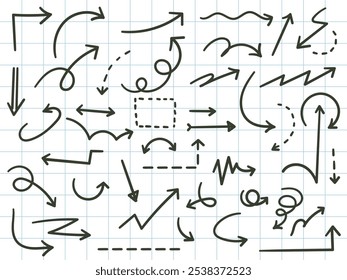 Mão desenhada simples linhas setas pretas em vários estilos. coleção de setas