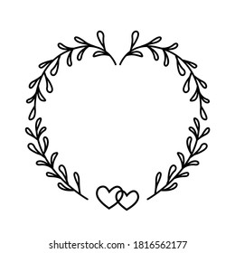Hand drawn simple love floral frame, heart wreath for wedding
