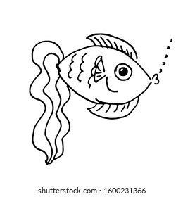 Hand drawn simple outline illustration. Collection with cute fish. Cute and funny water animals. Hand drawn doodle. Coloring book. For children. Cartoon style. Ink sketch. Isolated objects. Aquarium