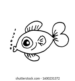 Hand drawn simple outline illustration. Collection with cute fish. Cute and funny water animals. Hand drawn doodle. Coloring book. For children. Cartoon style. Ink sketch. Isolated objects. Aquarium