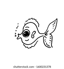 Hand drawn simple outline illustration. Collection with cute fish. Cute and funny water animals. Hand drawn doodle. Coloring book. For children. Cartoon style. Ink sketch. Isolated objects. Aquarium