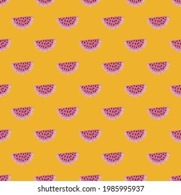 Hand drawn simple pink little watermelon slice elements ornament. Bright orange background. Summer print. Flat vector print for textile, fabric, giftwrap, wallpapers. Endless illustration.