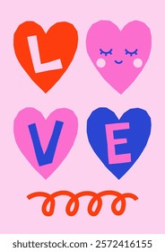 Hand drawn simple playful illustration with hearts shapes and love quote. Cute cutout style Valentine's Day vector card