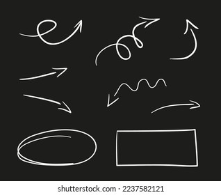 Hand drawn simple quick arrows. Set of different pointers. Abstract indicators. Sketchy geometric frames. Black and white illustration