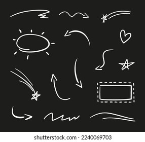 Hand drawn simple quick elements. Set of different pointers. Abstract indicators. Sketchy geometric frames. Black and white illustration