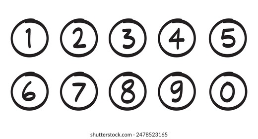 Hand drawn simple round numbers in flat style, Collection of numbers 1-0 simple black symbol signs for apps, UI and websites, doodle art