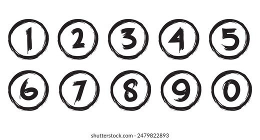 Hand drawn simple round numbers in flat style, Collection of numbers 1-0 simple black symbol signs for apps, UI and websites, doodle art