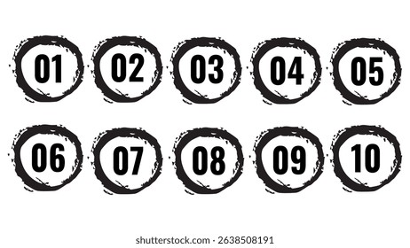 Hand drawn simple round numbers in flat style, set of numbers 1-0 simple black symbol signs for apps and websites, collection of black number bullet point 1 to 10 in grunge style, flat design number