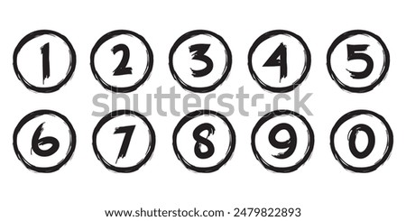 Hand drawn simple round numbers in flat style, Collection of numbers 1-0 simple black symbol signs for apps, UI and websites, doodle art