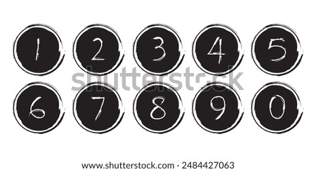 Hand drawn simple round numbers in flat style, Collection of numbers 1-0 simple black symbol signs for apps, UI and websites, doodle art