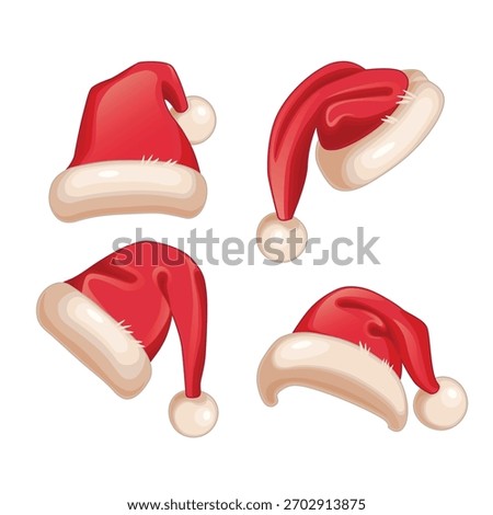 Hand drawn simple Santa hats. Set of red Christmas Santa Claus hats isolated on white background.