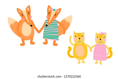 Hand drawn simple scandinavian child design. Cute little animals for children. Foxes and cats. Animals in pairs. Boys and girls. Valentine's Day illustration