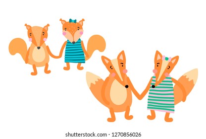 Hand drawn simple scandinavian child design. Cute little animals for children. Squirrels and foxes. Animals in pairs. Boys and girls. Valentine's Day illustration