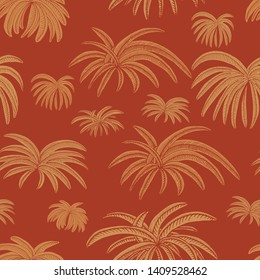 Hand drawn simple seamless pattern of Palms leaves in sandy gold, on redwood brown background - Vector. Useable for deco, textures, wallpaper, backdrops, fashion etc.