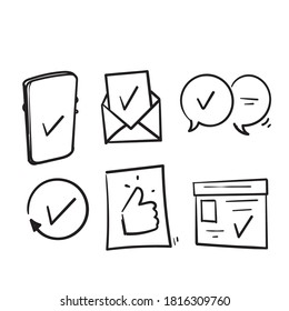 ilustración de conjunto simple de iconos de línea de vectores relacionados con la aprobación dibujada a mano. estilo doodle