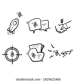 conjunto simple de iconos de línea de vectores relacionados con negocios y dinero dibujado a mano. con estilo doodle