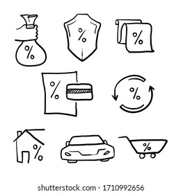 hand drawn Simple Set of Credit and Loan Related Vector Line Icons. Contains such Icons as Rate Calculator, Credit Card, Deposit . doodle