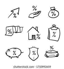 conjunto simple de iconos de línea de vectores relacionados con crédito y préstamo. Contiene iconos como Calculadora de Tarifas, Tarjeta de Crédito, Depósito . garabato