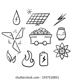 hand drawn Simple Set of Energy Types Related Vector Line Icons isolated in doodle