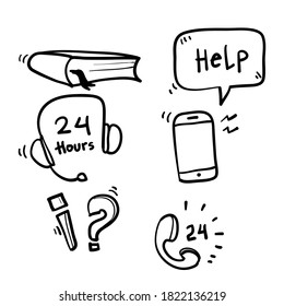 hand drawn Simple Set of Help And Support Related Vector Line Icons. with doodle cartoon art style vector