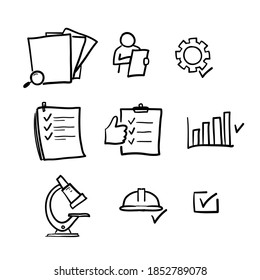 hand drawn Simple Set of Inspection Related Vector Line Icons. Contains such Icons as Check, Testing, Examination and more in doodle cartoon art style