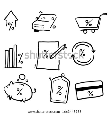 hand drawn Simple Set of Loan Related Vector Line Icons.Interest Rate, Investment Plan, Percentage Diagram symbol doodle style 